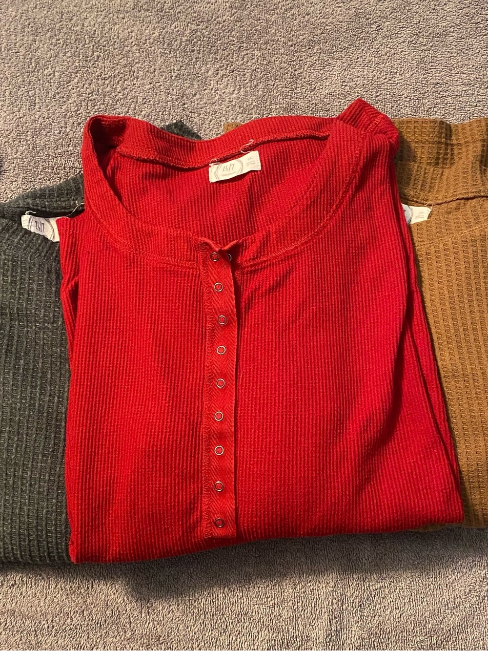 THREE Ribbed Red Henley Scoop-Neck Women's Sweater